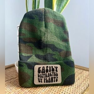 Easily Distracted By Plants Beanie, Beanie, Camo Hats with Leather Patch